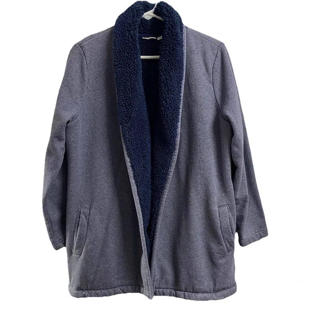 L.L. Bean‎ Sherpa Blue/Gray Women's Open Front Cozy Coat Cardigan Sweater Sz. M